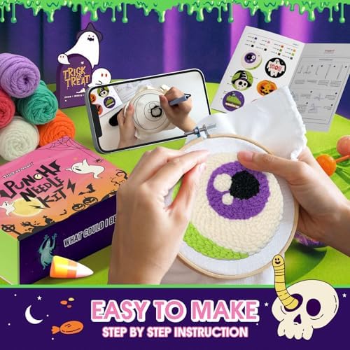 yuegool 6PCS Halloween Punch Needle Coasters Kit – Easy DIY Embroidery Kit for Beginners, Adults & Kids | Includes Patterns, Tools, Yarns, Hoop, Instructions, Coaster Holder - Image 4