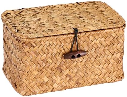 Hipiwe Seagrass Basket Key Holder Box for Entryway Tabletop Desk Organizer with Lid Handwoven Wicker Storage Bin for Hair Ties Candy, Whitewash 6.1" x 4" x 3.3" by Hipiwe