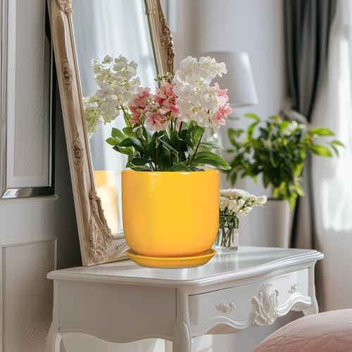 Ceramic Plant Pot 8 Inch - Decorative Modern Round Indoor Planter for Plants Flowers with Drainage Hole and Saucer, House Desk Office Home Decor, Yellow - Image 5