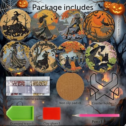 LWZAYS 8 Pcs Halloween Diamond Art Coasters Kit - DIY 5D Small Diamond Painting Coasters with Holder, Diamond Art Kits for Adults Coasters, Arts and Crafts for Adults - Image 2