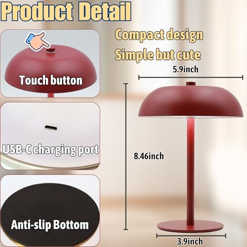 2 Pack Cordless Mushroom Table Lamp, Rechargeable, Dimmable 3 Color, Red - Image 4