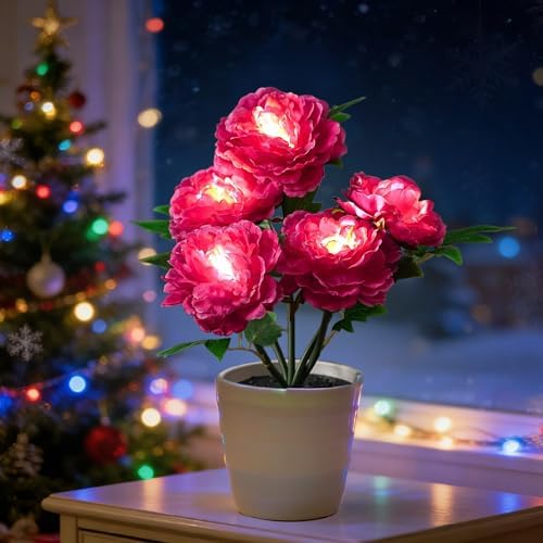 Peony Artificial Flower Lamp, Decorative Night Light for Bedroom Bedroom Wedding Bar Coffee Shop Decor, Christmas Valentines Mothers Day Anniversary Birthday Gifts for Women Mom Grandma Wife Friend by Hibeauti