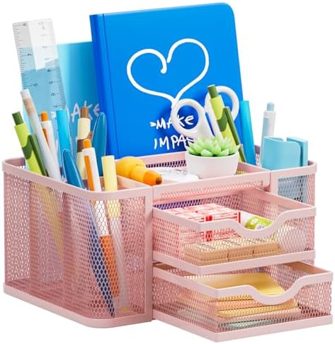 Marbrasse Mesh Desk Organizer, Pen Organizer with 2 Drawer, Multi-Functional Pencil Holder, Desk Organizers and Accessories with 5 Compartments + Drawer for Office Art Supplies (Pink) by Marbrasse