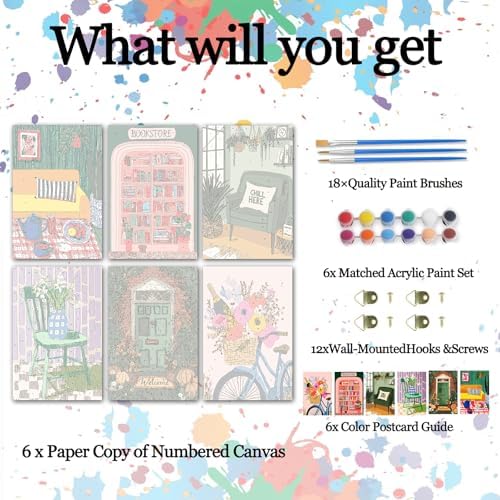 Tucocoo 6 Pack Cozy Scenery Paint by Numbers Kits for Adults 8x12 inch Room Porch Bookstore Bike Flowers Scence Painting Easy Acrylic Paint by Number DIY Oil Acrylic Pigment Drawing Paintwork - Image 2