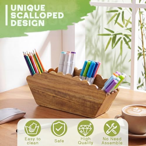 Jetec Scalloped Acacia Pencil Holder, 4 Compartment Wooden Desk Organizer - Image 3