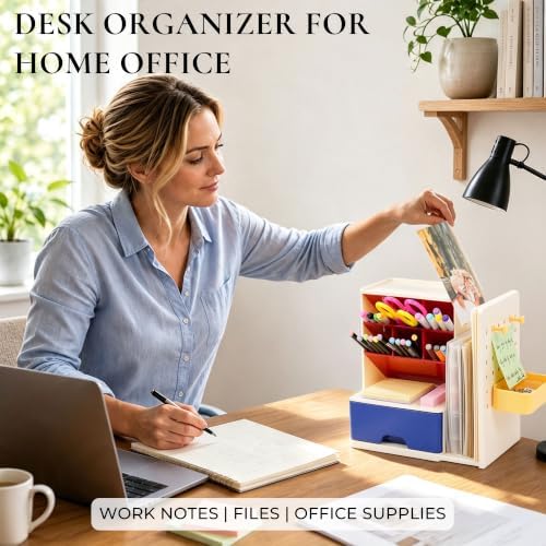 Desk Organizer with Drawer, Pen Holder with Slanted Pen Grooves Color - Image 5