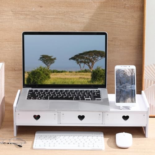 Tofficu Computer Monitor Riser with Drawer White Desk Shelf for Monitor and Keyboard Storage Rack Office Desk Organizer for Laptop Stand Riser for Home Office - Image 2