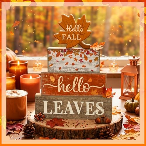 Moucuny 4 Pcs Fall Table Decorations for Home, Maple Leaf Wooden Sign Set - Image 3