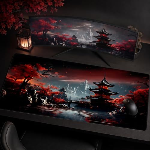 Oriental Gaming Mouse Pad XXL, Large Desk Mat 35.4"x15.7", Non-Slip Waterproof Extended Keyboard Mat for Gaming Office Home (Crimson Pagoda) - Image 2
