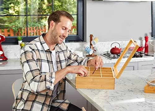 Natural Bamboo Tea Storage Organizer, Clear Acrylic Top, 12 Compartments - Image 5