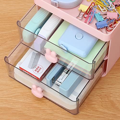 LETURE Small Desk Organizer With Drawer, Office Desktop Storage Box, Business Card/Pen/Pencil/Mobile Phone/Stationery Holder Storage Box, Makeup Organizer for Office School Home (Pink) - Image 6