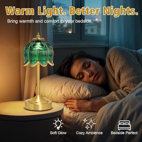 Cordless Table Lamp, Rechargeable Dark Green Glass Lotus Flower Lamp - Image 6
