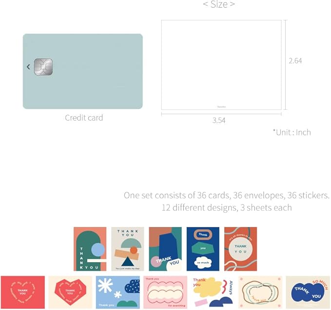 Monolike Day-by-day Card, Thank you-Objet - Mix 36 Mini Single cards, 36 envelopes, 36 stickers Package