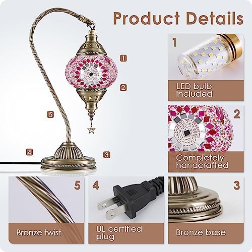 Yarra-Decor Turkish Moroccan Lamp with Bronze Base 3 Color Options Handmade Swan Neck Mosaic Glass Bedside Lamps for Bedroom (LED Bulb Included)(Red1) - Image 6