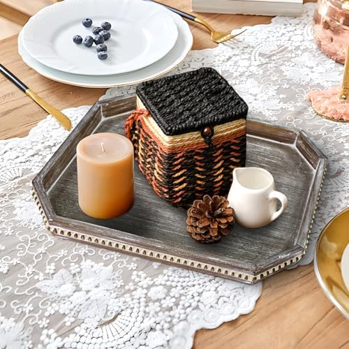 Wooden Decorative Tray, Rustic Serving Tray with Wood Bead, Farmhouse Big Tray for Ottoman, Countertop, Coffee Tabl, 16.5" x 13"x 1.6" (Retro Brown) - Image 3