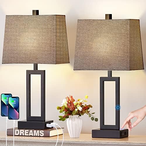 23.5" Touch Control Table Lamps Set of 2, Bedside Lamp with 2 USB Charging Ports & AC Outlet, 3-Way Dimmable Modern Nightstand Lamp for Living Room Bedroom End Table Office(2700K 2 LED Bulbs Included) by Lolikit