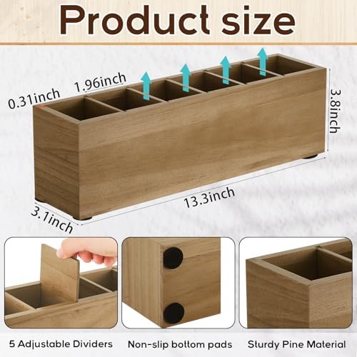 Jetec Wooden Pencil Pen Holder for Desk, Wood Color, 6 Compartments - Image 2