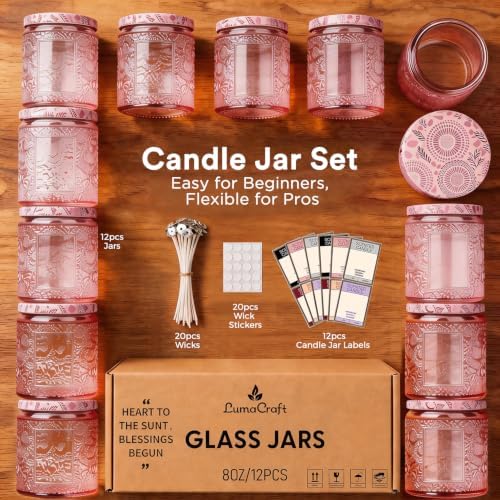 LumaCraft Luxury Embossed Glass Candle Jars for Making Candles - 12 Pack Empty Candle Containers with Lids, 20 Wicks & 20 Stickers, Colored Glass Jars for Gifts & Decor - Image 2