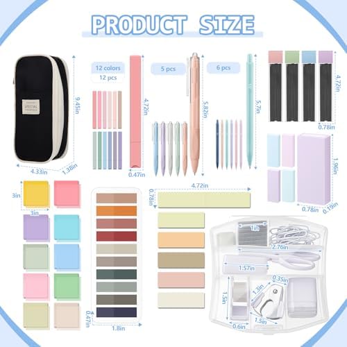 Sinload 60 Pcs Aesthetic Book Annotation Kit School Supplies Cute Pencil Case Mini Stapler Set 12 Highlighter 5 Gel Pen 6 Pencil 5 Magnetic Bookmark 1220 Sticky Note Student Stationary(Black) - Image 3