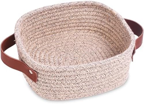 ABenkle Small Storage Basket, Mini Baskets, Cute Rope Woven Baskets for Organizing, Square Shelf Storage with Handle, Boho Decorative Toy Bin for Nursery, Spa, Empty Gift Basket - XS, Mixed Brown by ABenkle