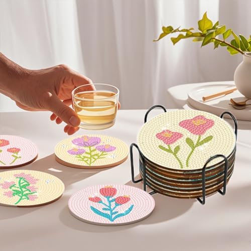 DOTSOPS 8 Pcs Flowers Diamond Art Coasters for Adults with Holder 4 in - Image 4
