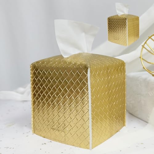 HOMOTEK 2 Pack Tissue Box Cover, Square PU Leather Tissue Holder, Decorative Facial Tissue Cube Paper Organizer Dispenser for Bathroom, Night Stands, Desk, Car 5X5X5'' - Woven Waffle, Brass by HOMOTEK