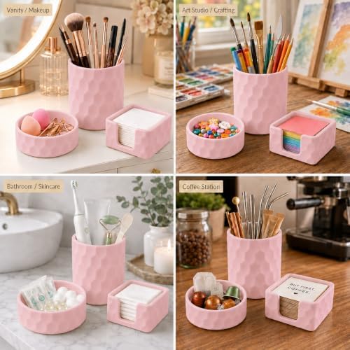 Aesthetic Geometric Silicone Desk Organizer Set of 3,Modern Office Desk Accessories with Round Pen Holder,Paperclip Tray,Sticky Note Holder,Stylish Functional Desk Decor for Home Office(Pink) - Image 6