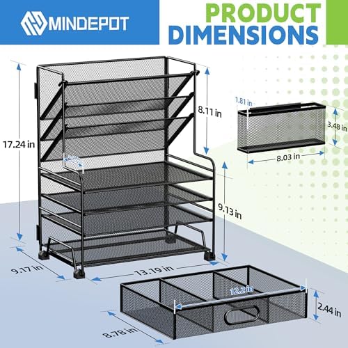 MINDEPOT 4-Tier Paper Organizer + 3-Pocket File Holder + Drawer + Pen Holders, Desktop File Organizers Paper Tray for Office Accessories School Classroom Organization (Black) - Image 2