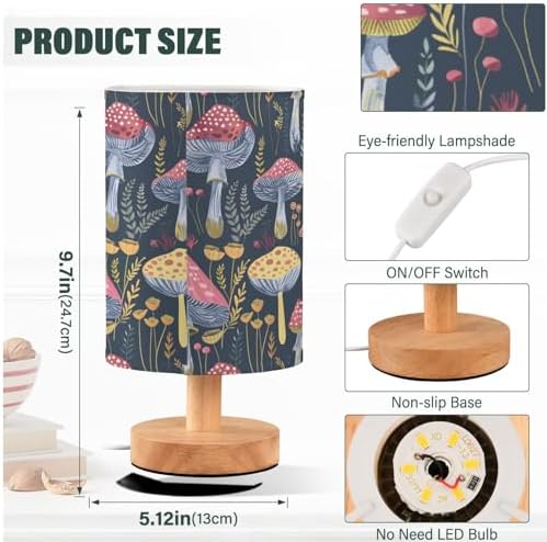 Fustylead Red Boho Mushrooms Navy Blue Table Lamp for Bedroom USB Port Lamps Small Accent Table Lamp Nightstand Lamp Sturdy Linen Shade Wooden Base Decorative Lamps for Bedside Reading|Kids|Dorm|Home - Image 4