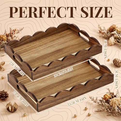 Sawysine 2 Pcs Wooden Scalloped Tray with Handles 10x14x2'', 8.7x12.6x2'' - Image 3