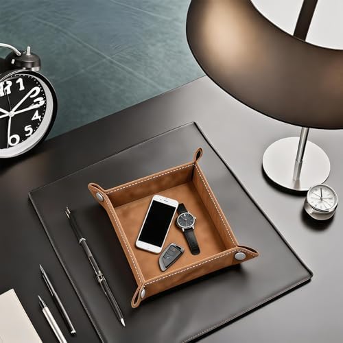 Valet Tray Desktop Storage Organizer – Vegan Leather Catchall Bedside Vanity Tray Nightstand Caddy Holder for Remote Controller, Watch, Keys, Phone, Wallet, Coin, Jewelry, Stone Khaki - Image 6