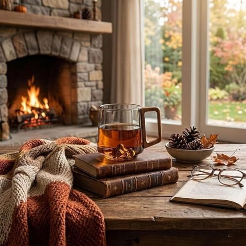 Gray Glass Slanted Coffee Cups with Wooden Handle, 15.2oz Wonder Mountain Bottom Wood Handle Cup, Hot & Cold Drinks Vintage Style Wood Handle Mug for Coffee& Tea Lovers(Clear,2pcs) - Image 3