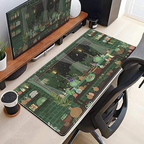 Mechanical Cattle Cute Desk Mat Kawaii Frog Mouse Pad Green Desk Anime Mat Large Gaming Mouse Pad Desk Computer Keyboard Pad Desk Home Office Accessories Girl Stitched Eges (31.5x15.7 in) WER236 - Image 4