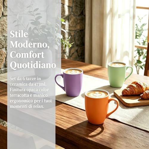 6-Piece 12oz Ceramic Coffee Mugs with Handles, Microwave & Dishwasher Safe, Ideal for Latte, Cappuccino and Hot Tea (Multi-Color) - Image 3