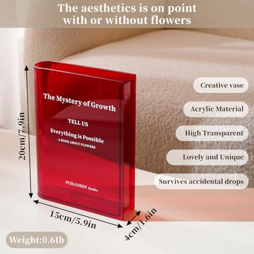 Puransen Clear Book-Shaped Vase for Centerpiece Home Indoor Desk Decor，Red - Image 5
