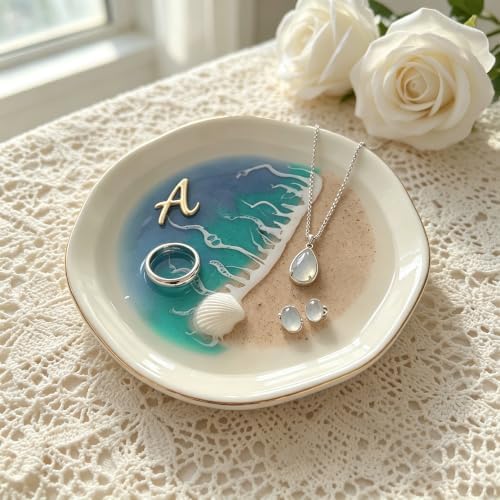 Coastal Beach Decor Resin Jewelry Tray – Ceramic Ocean Wave Ring Dish with Gold Trim, Nautical Vanity Decor for Bathroom, Bedroom, Beach House Small Decorative Tray (A) by Unknown