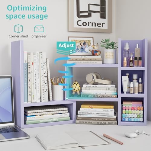 NUTIKAS Desk Shelves Desktop Organizer Shlef - Purple Office Organization for Top of Desk Organizers and Accessories Corner Bookshelf Table Top Shelving Small Hutch Decorations for Women Office - Image 6