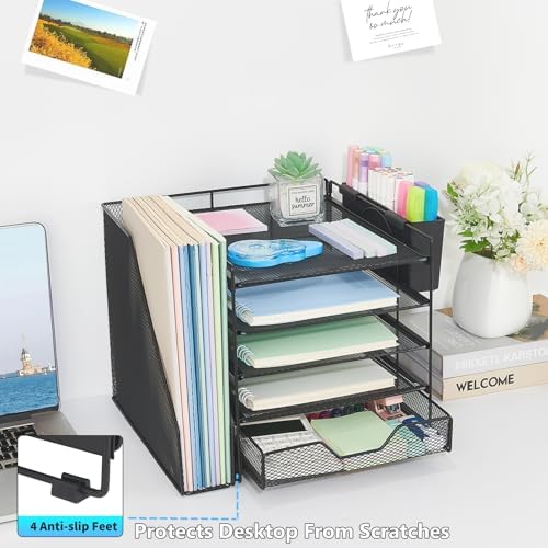 5-Tier Desk File Organizer with Drawer & Pen Holder (Black) - Image 5