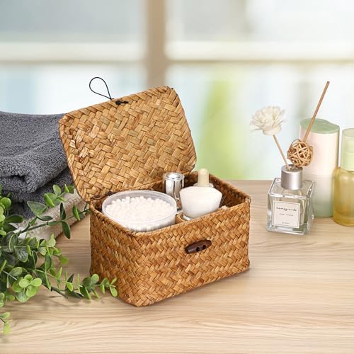 Hipiwe Seagrass Basket Key Holder Box for Entryway Tabletop Desk Organizer with Lid Handwoven Wicker Storage Bin for Hair Ties Candy, Whitewash 6.1" x 4" x 3.3" - Image 5