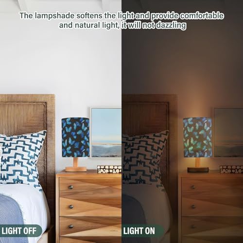 Fustylead Vibrant Flying Blue Butterflies Bedside Table Lamps with USB Port for Bedroom Lamp Accent Table Lamp Small Nightstand Lamp Sturdy Linen Shade Wooden Base Decorative Lamps for Home|Kids|Dome - Image 3
