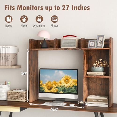Giantex Desktop Bookshelf, Wood Desk Hutch Organizer for 27 Inch Computer Monitor, Countertop Storage Display Rack with 5 Shelves, Multipurpose Desktop Shelf Bookcase for Dorm Office Home, Brown - Image 4