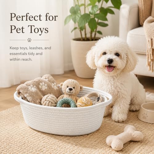 ABenkle Small Basket with Handles, Boho Decorative Rope Woven Dog Cat Toy Storage Bin Shelf Storage Organizer, Easter Christmas Gift Basket, 12"x8"x5", 2 Pack - Image 4
