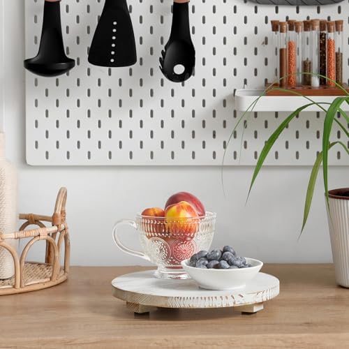 Small Round Decorative Tray White Washed Wood Bathroom Counter Organizer Pedestal Stand Farmhouse Kitchen Decor Wooden Riser for Soap Dish, Perfume, Candle, Sponge, 9" - Image 4