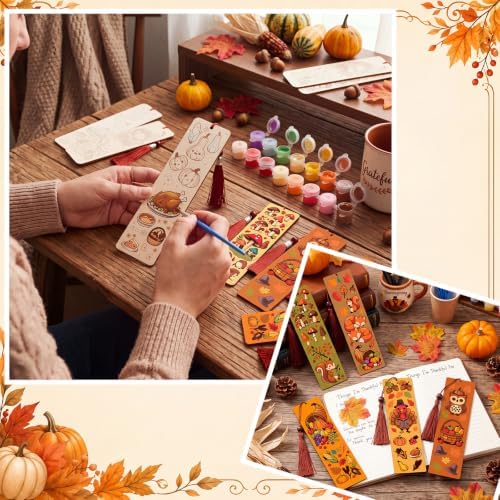Kosiz 12 Pcs Fall Paint by Number Kit for Adult Thanksgiving Wood Bookmark - Image 6