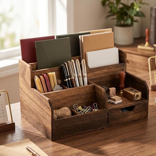 Pumtus Brown Wooden Desk Organizer, Mail Organizer with 7 Compartments and Drawer, Rustic Mail Sorter with Pen Holder, Tabletop Mail Basket, Office Accessories Holder for File Letter Document - Image 5