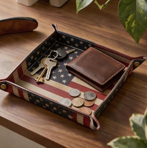 Valet Tray Desktop Storage Organizer, Vegan Leather Catchall Bedside Vanity Tray Nightstand Caddy Holder for Remote Controller, Watch, Keys, Phone, Wallet, Sunglasses, Jewelry - Flag - Image 7