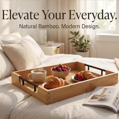 Krismax Wooden Serving Tray with Handles, Serving Platter 15.7x11.4 Inch Food Drinks Tray for Coffee Table,Decorative Storage Tray for Entertaining, Breakfast Tray in Bed,Lunch,Dinner,BBQ(Bamboo) - Image 6