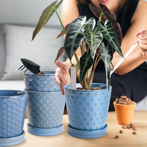 EFISPSS Plant Pots,5 Inch Pots for Indoor Plants,Planters with Drainage Hole and Saucer, Ceramic Flower Pots Desktop Office Windowsill Decoration Gift Set of 4 - Sky Blue - Image 3