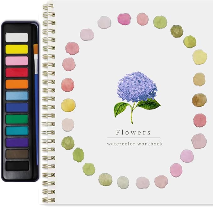 Beginner Watercolor Painting Kit – 12 Colors Paint Set with Brush, Animal-Themed Art Supplies for Adults & Teens (Flower)