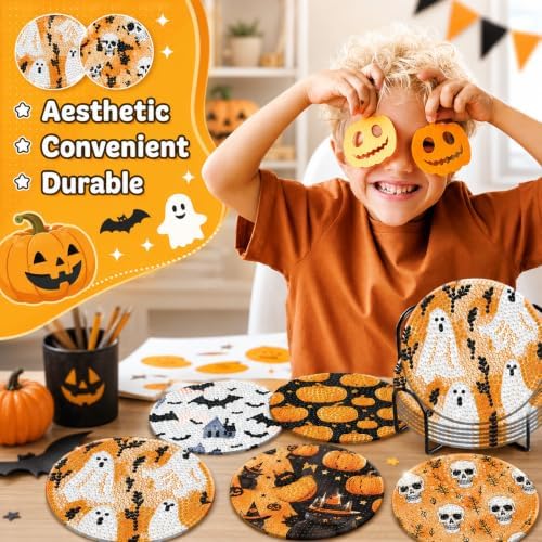 8 Pack Halloween Diamond Painting Coasters with Holder DIY Craft Kit - Image 4